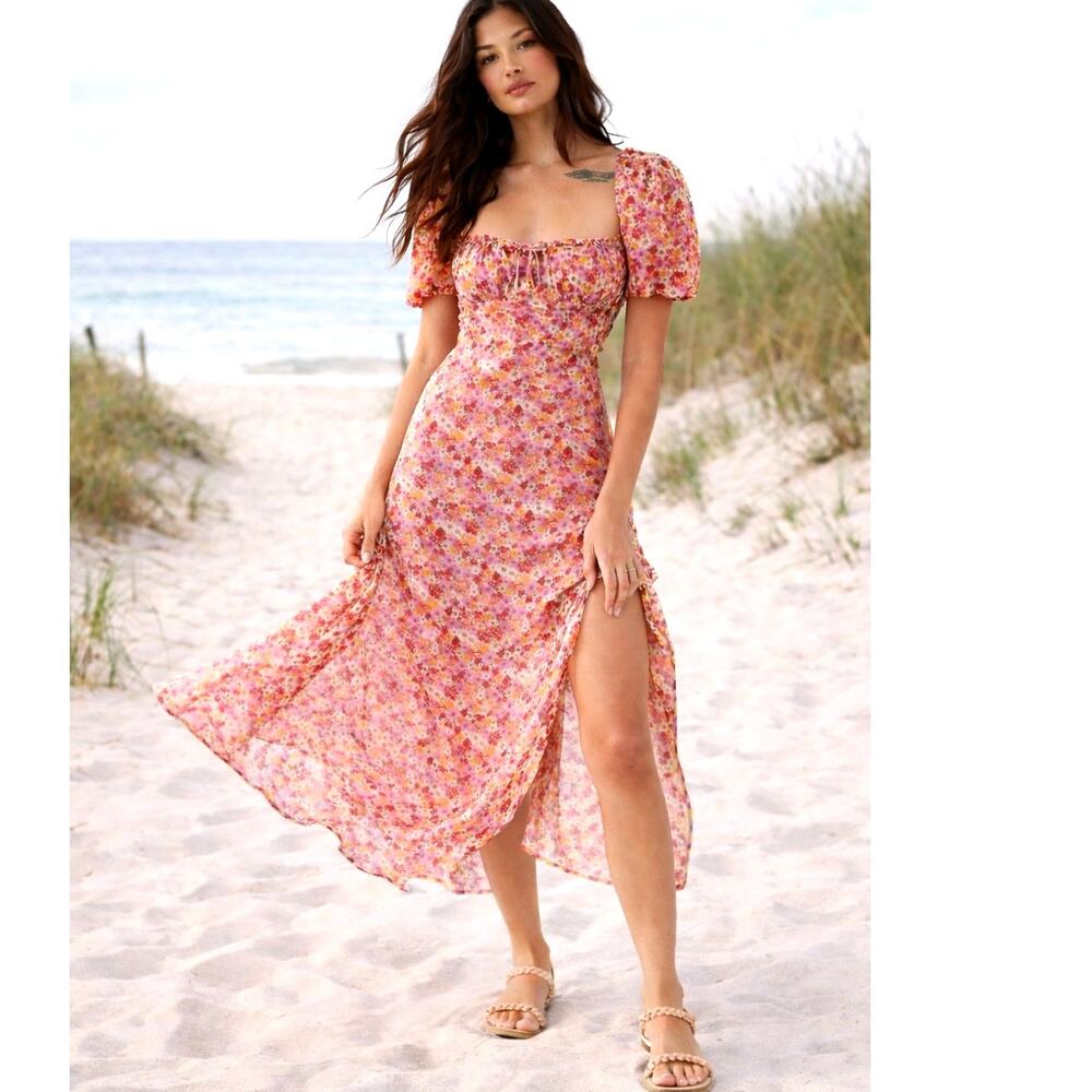 FOR LOVE & LEMONS Dress XS Felicia Midi Floral Puff Sleeve Beach Vacation Event